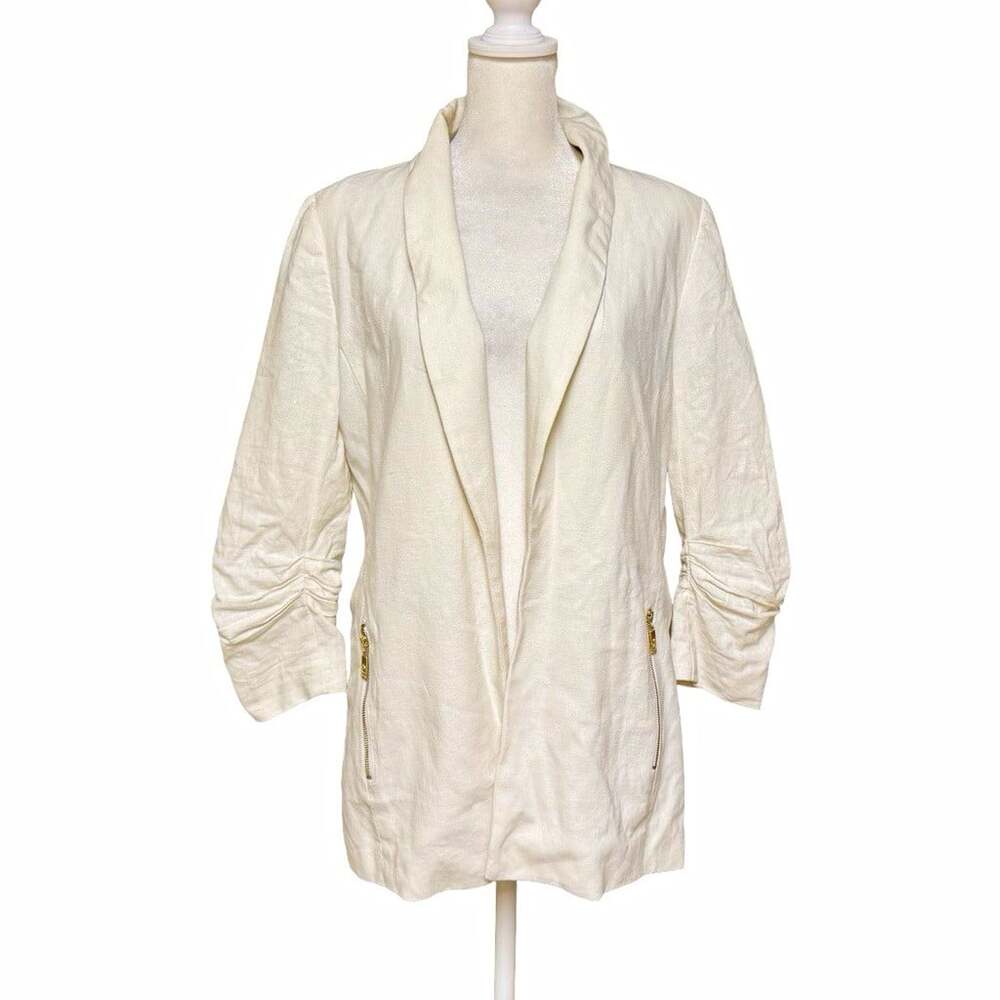 Anne Klein Ivory Open Front Jacket Size M 3/4 Sleeve Lined Zip Pockets